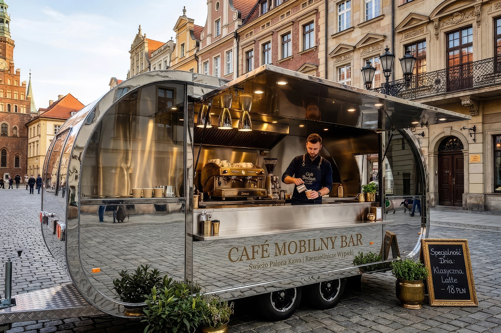 Ekskluzywna przyczepa gastronomiczna, przedstawiona jaka mobilny bar Café. W środku przyczepy barista parzący kawę.