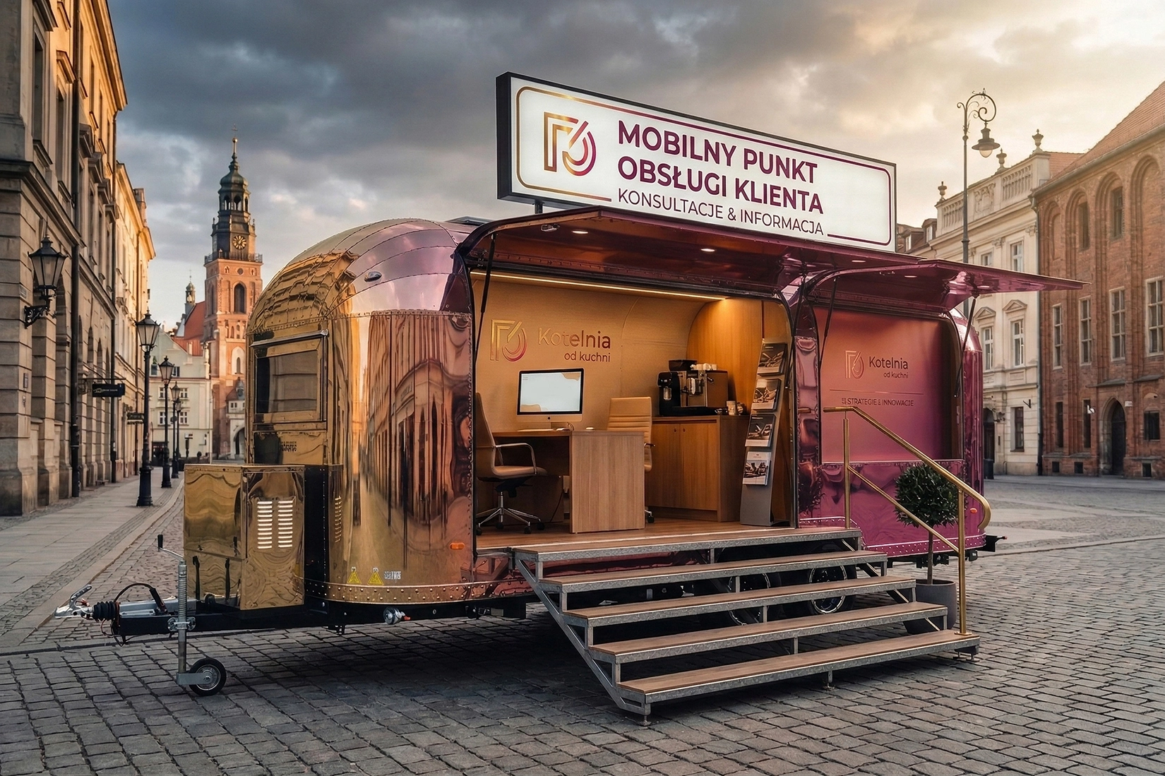 Przyczepa usługowa - mobilny punkt obsługi klienta ustawiony na rynku dużego miasta.