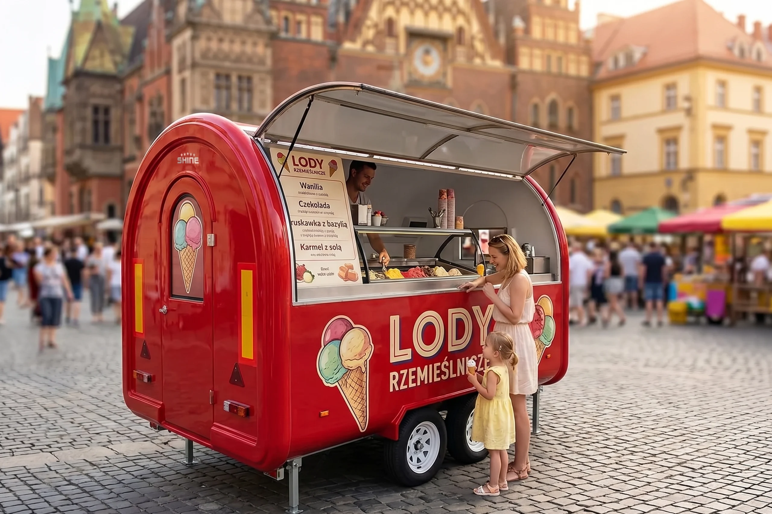 Czerwona, kompaktowa przyczepa gastronomiczna Shine zaaranżowana jako mobilna lodziarnia. Sprzedawca serwuje lody rzemieślnicze klientom na rynku miejskim we Wrocławiu.