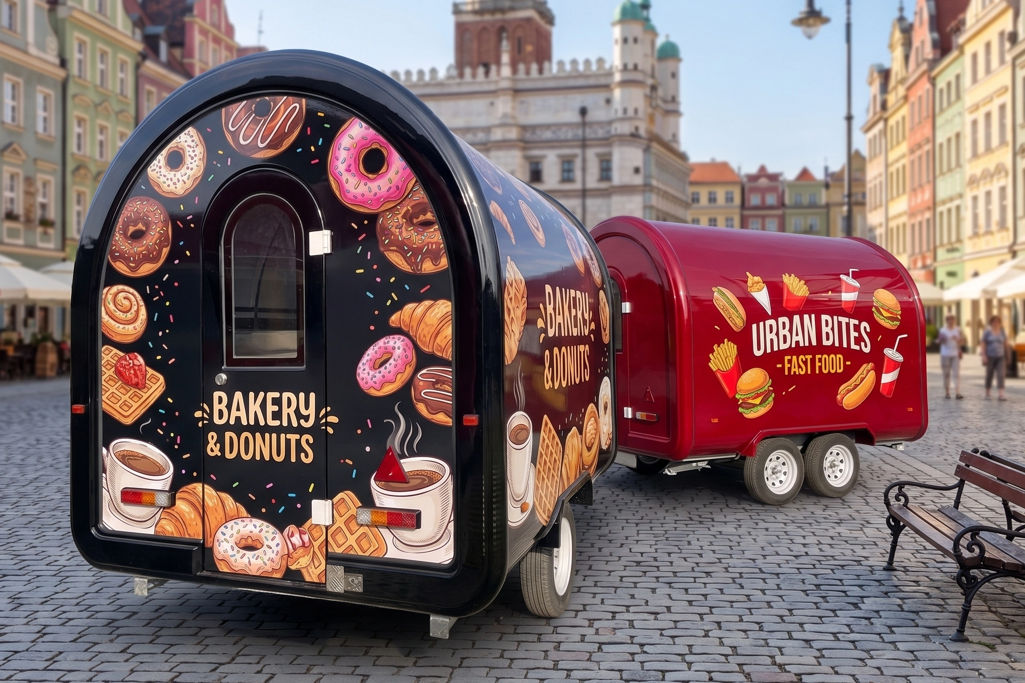Dwie kompaktowe przyczepy gastronomiczne Shine zaparkowane na zabytkowym rynku. Na pierwszym planie czarna przyczepa w stylu kawiarni i piekarni, w tle czerwona przyczepa serwująca fast food.